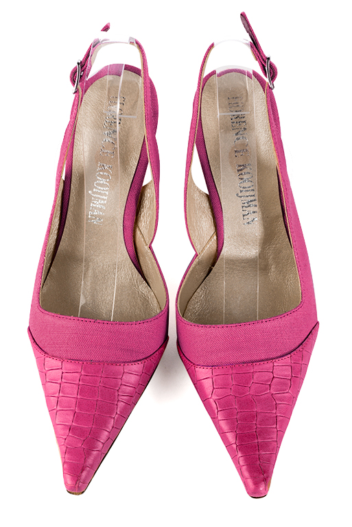 Fuschia pink women's slingback shoes. Pointed toe. High spool heels. Top view - Florence KOOIJMAN